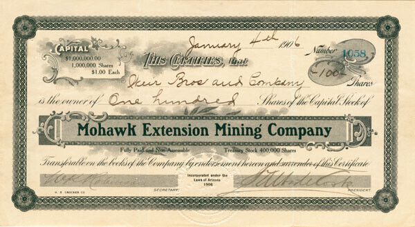 Mohawk Extension Mining Co. - Stock Certificate - Mining Stocks