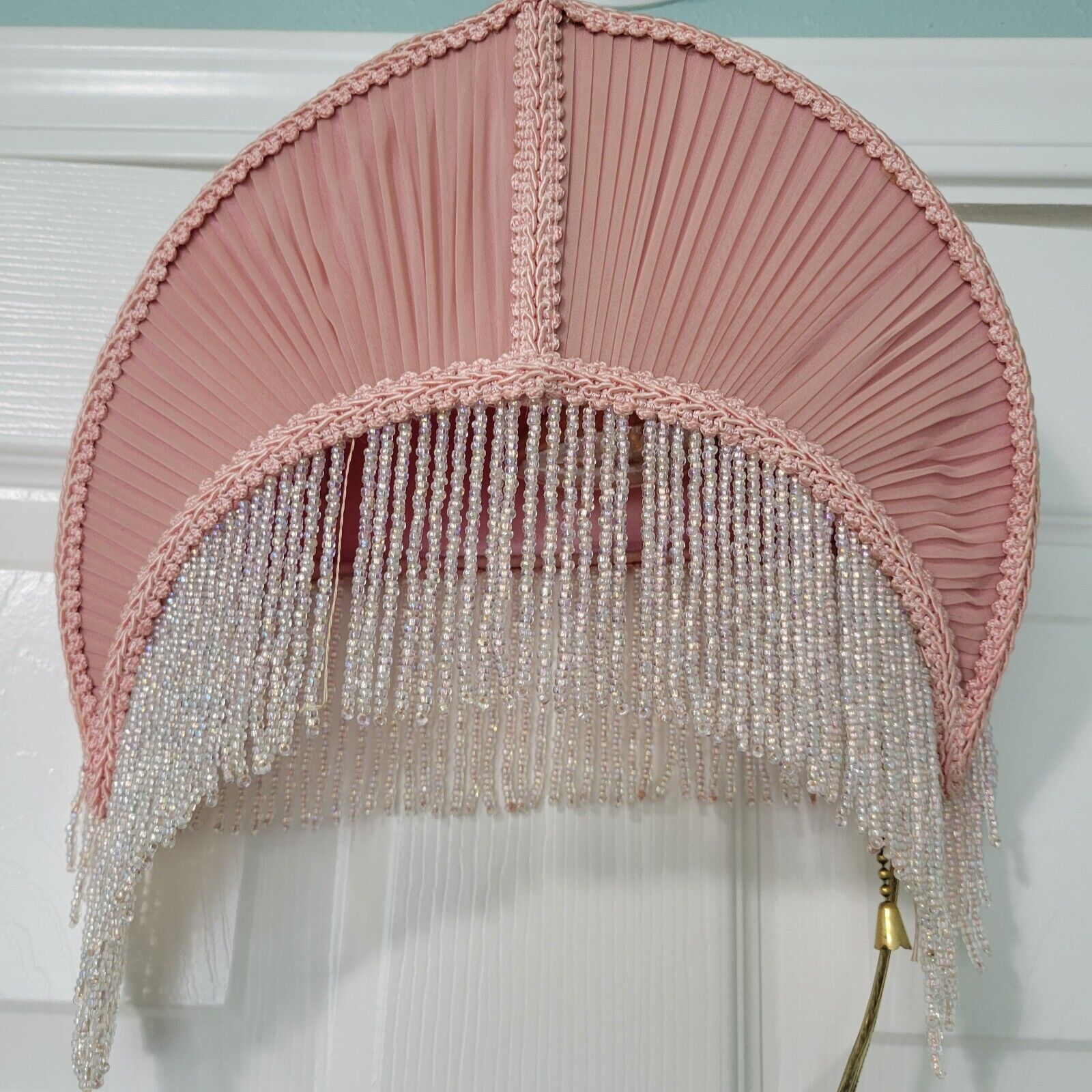 Antique Art Nouveau Deco French Pink Crescent Moon Fringe Beaded Headboard Lamp