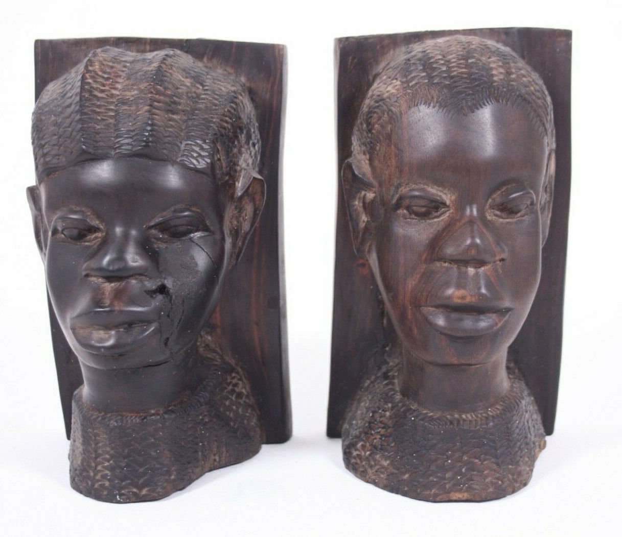 African Ironwood Vtg Pr Hand Carved Tribal FemaleMale Head Bust 8\