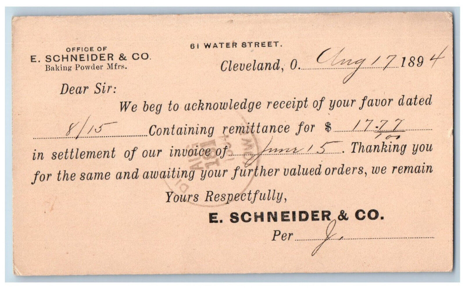 Cleveland Ohio OH Postal Card Office of E.Schneideer & Co. 1894 Antique Posted