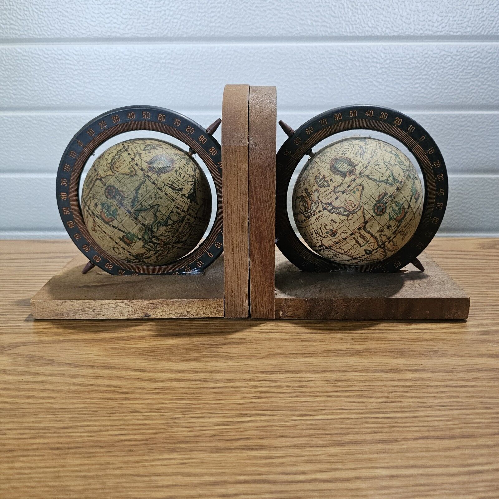 Spinning Old World Globe Bookends Rotating Globe Wooden Vintage Style