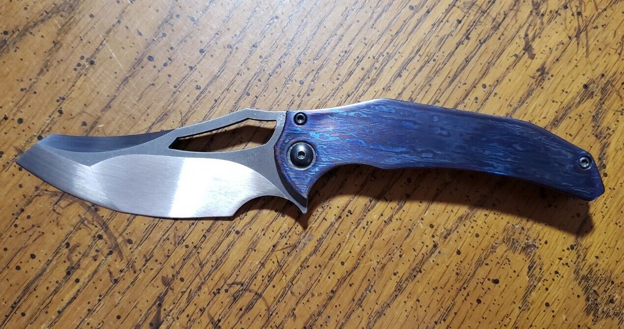 Gavko Knives Spinner Custom Gray Ti Chisel Compound Blade Speed Hole Flipper