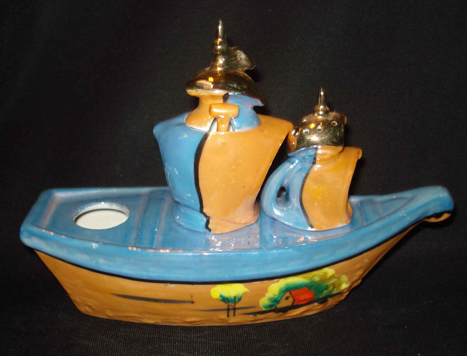 Vintage Japan Lusterware Luster Ware Blue Condiment Jar Spoon Salt Barn Boat