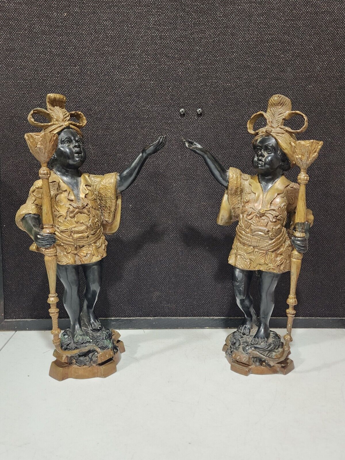 Pair of Old Heavy Vintage Bronze  Blackamoor Statues Candle Candelabra