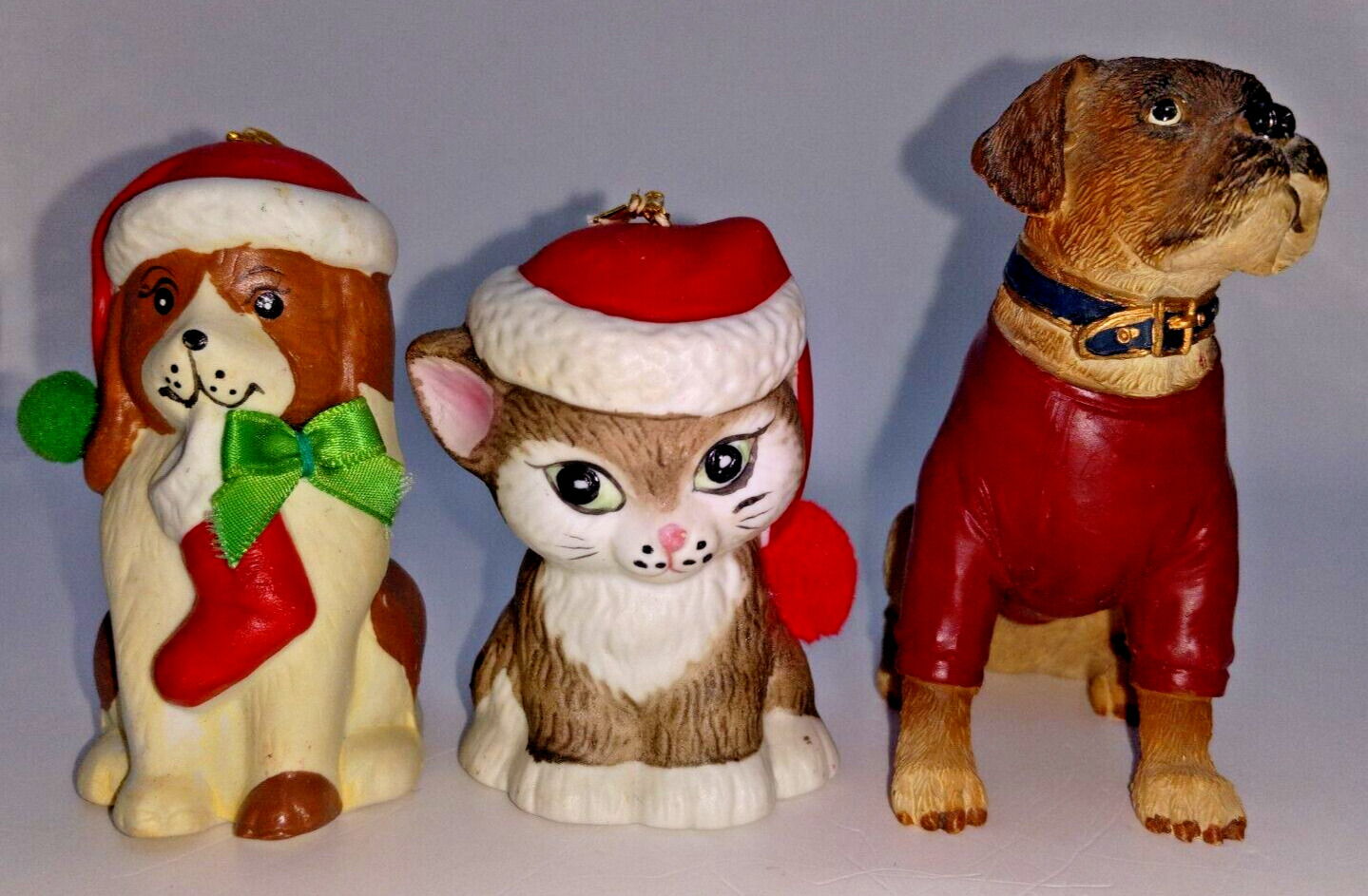Vtg Giftco Porcelain Puppy Bell, Jasco Chimers Cat Bell and Boxer Dog Ornaments