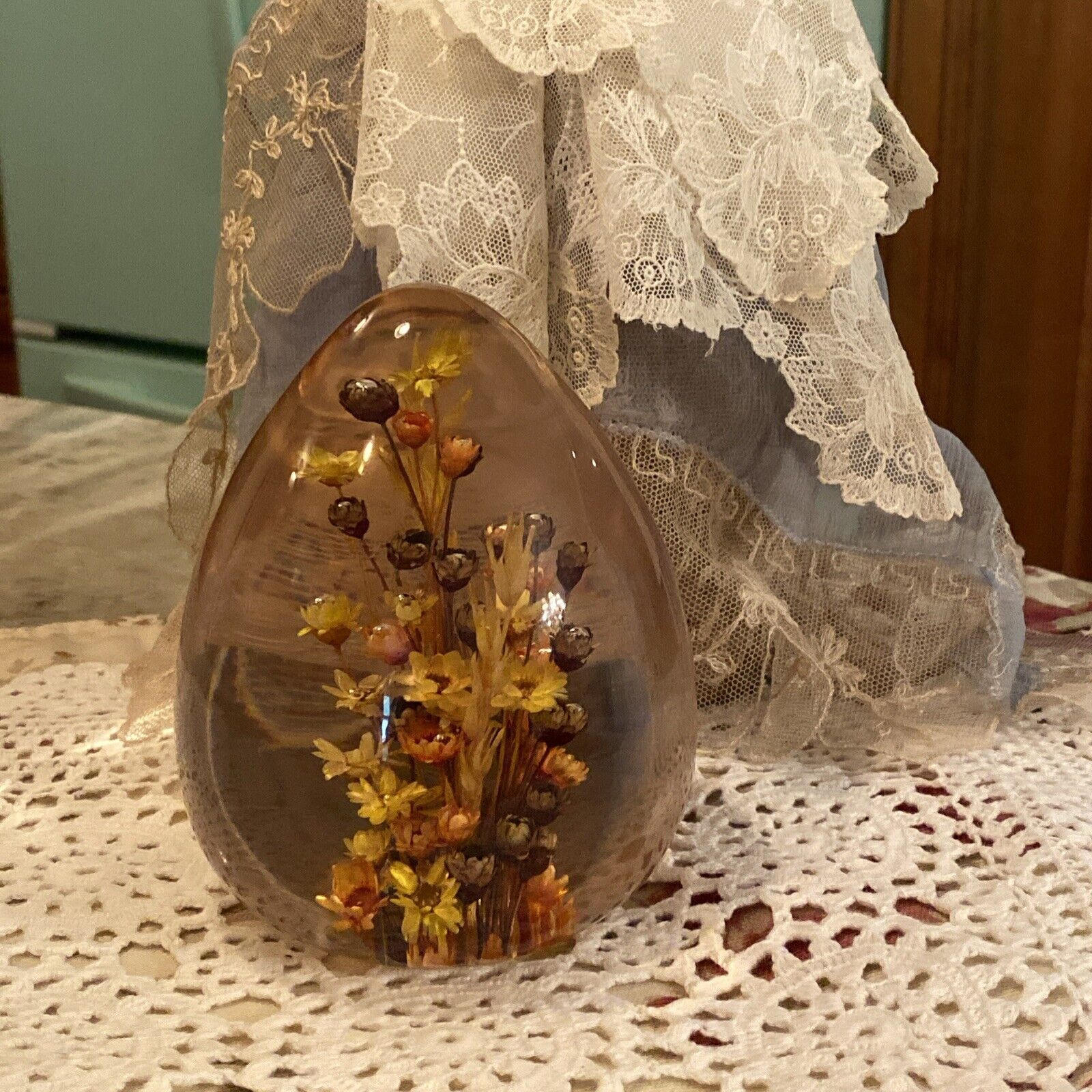 Vintage Lucite Acrylic Egg Shaped Paperweight with Dried Flowers Inside