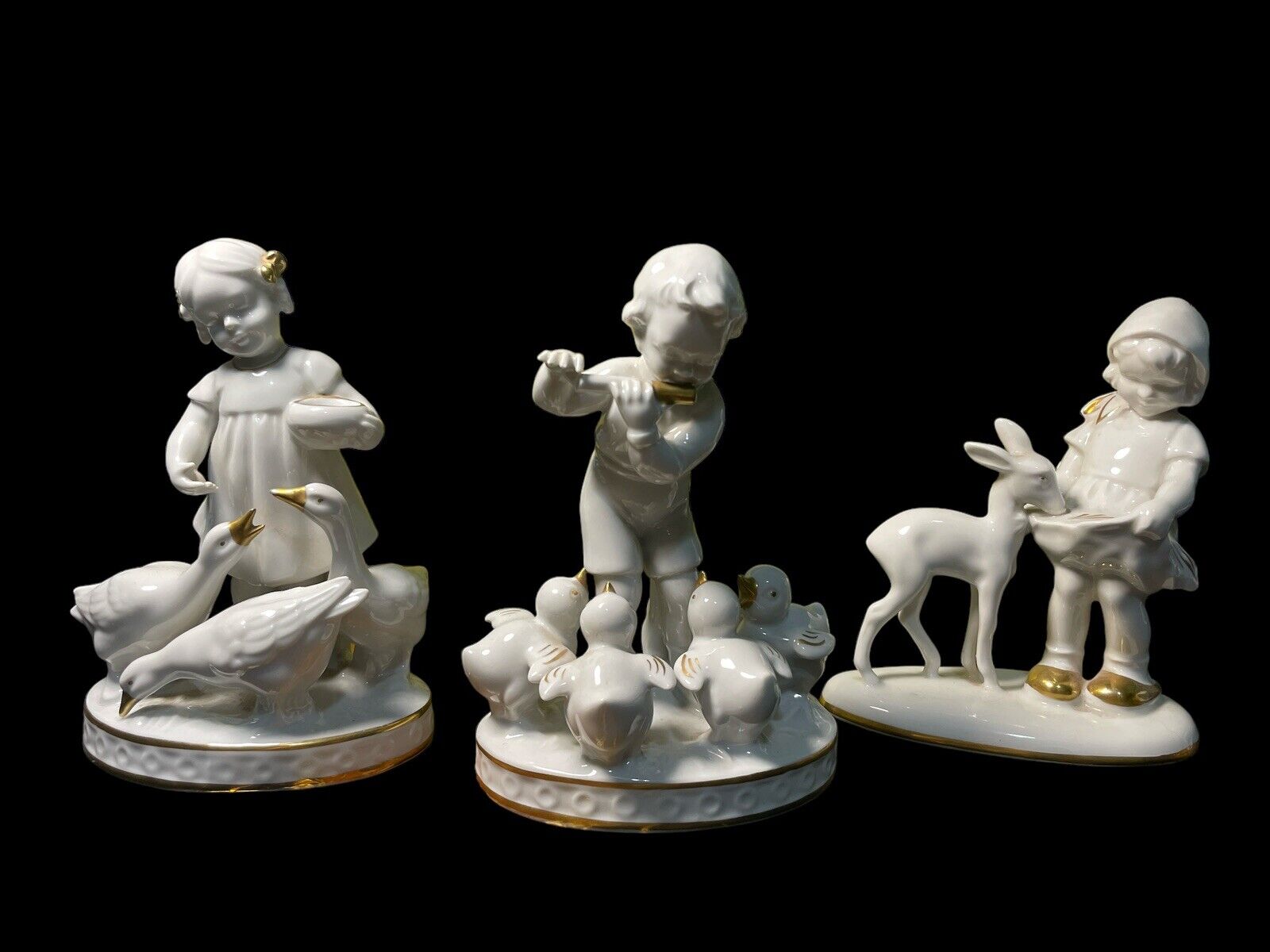 3 Vintage Figurines Gerold Porzellan Bavaria White  W/ Gold