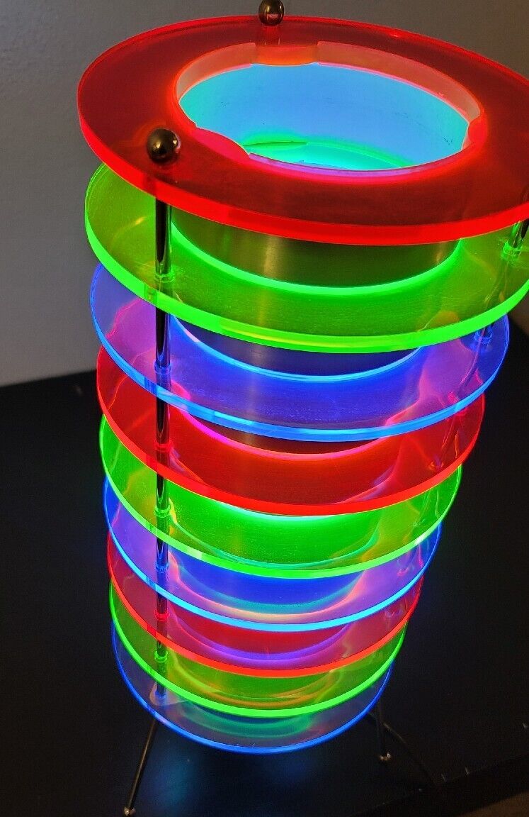 VTG Rare Blacklight Table Lamp Neon Lucite Disk Aluminum Spencer Gifts Space Age
