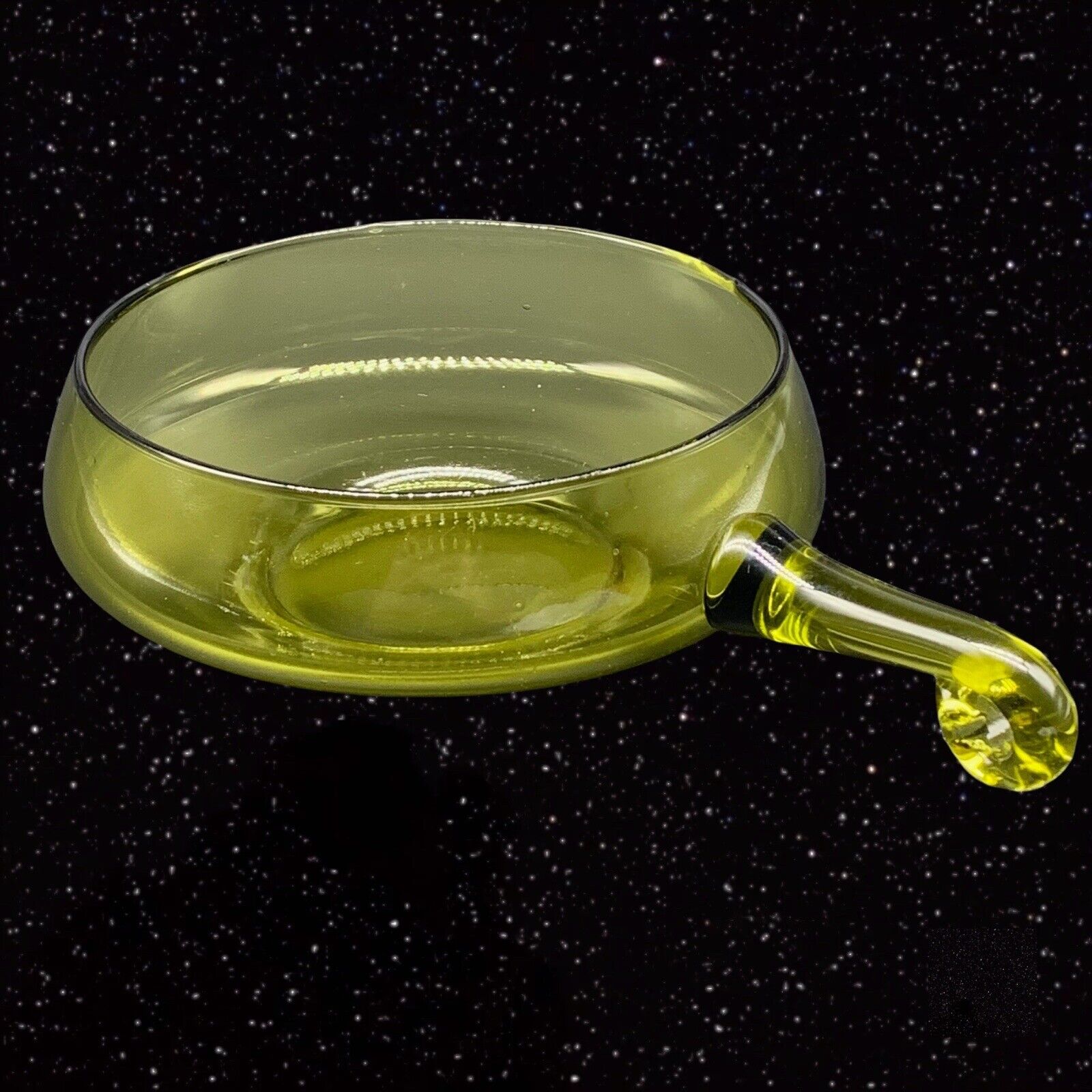 Vintage Art Glass Green Empoli Applied Handle Dish Bowl Hand Blown  2”T 8.5”W