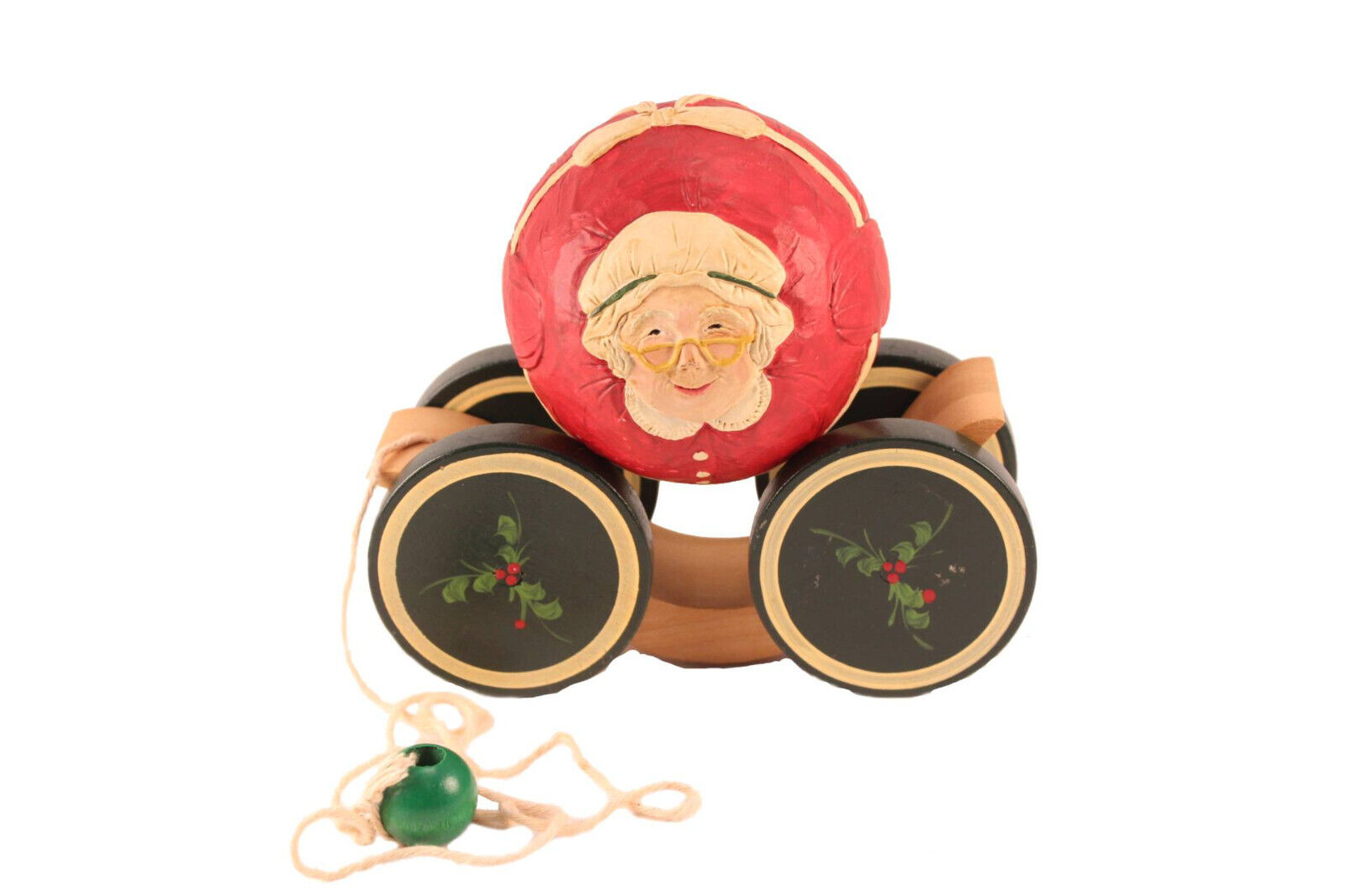 Briere Folk Art Pull Toy 1988 Mrs. Claus Ball Xmas Roly Poly Ball & Caddy Signed