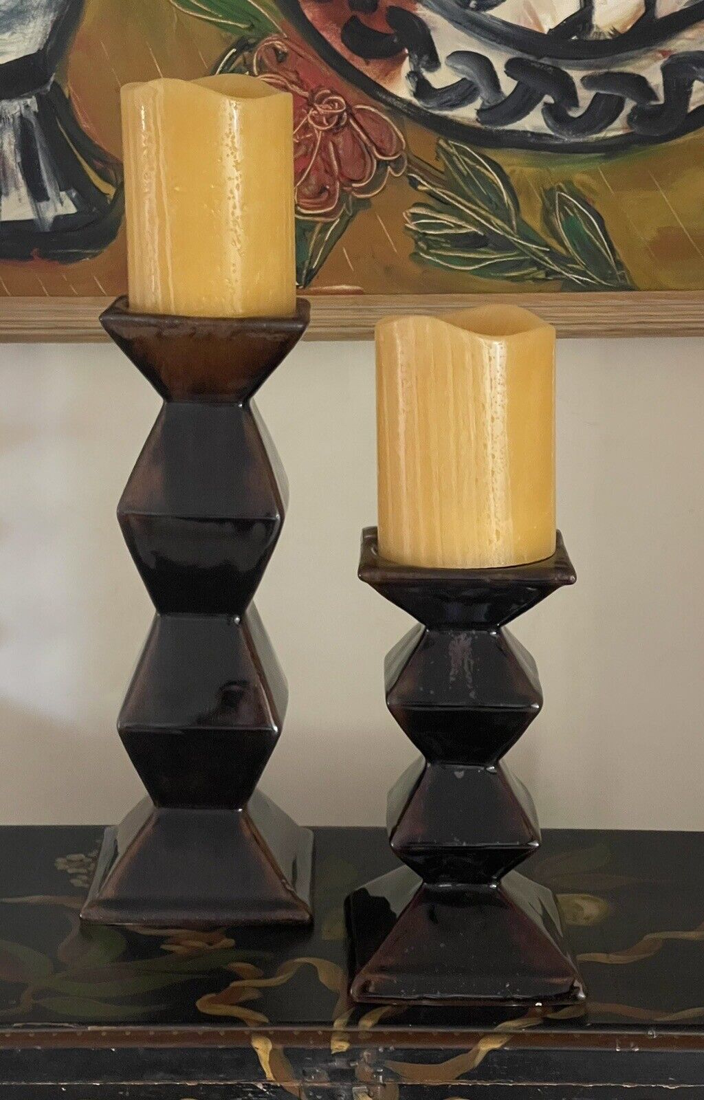 Vintage MCM Zig Zag Brown Ceramic Candle Holders