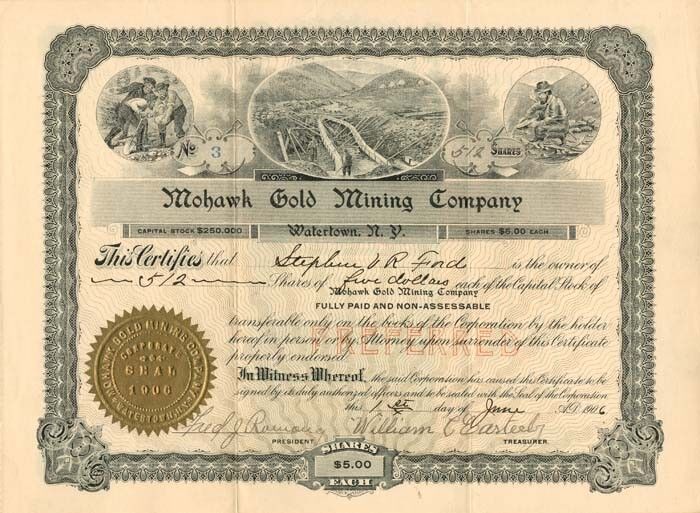 Mohawk Gold Mining Co. - Stock Certificate - Mining Stocks