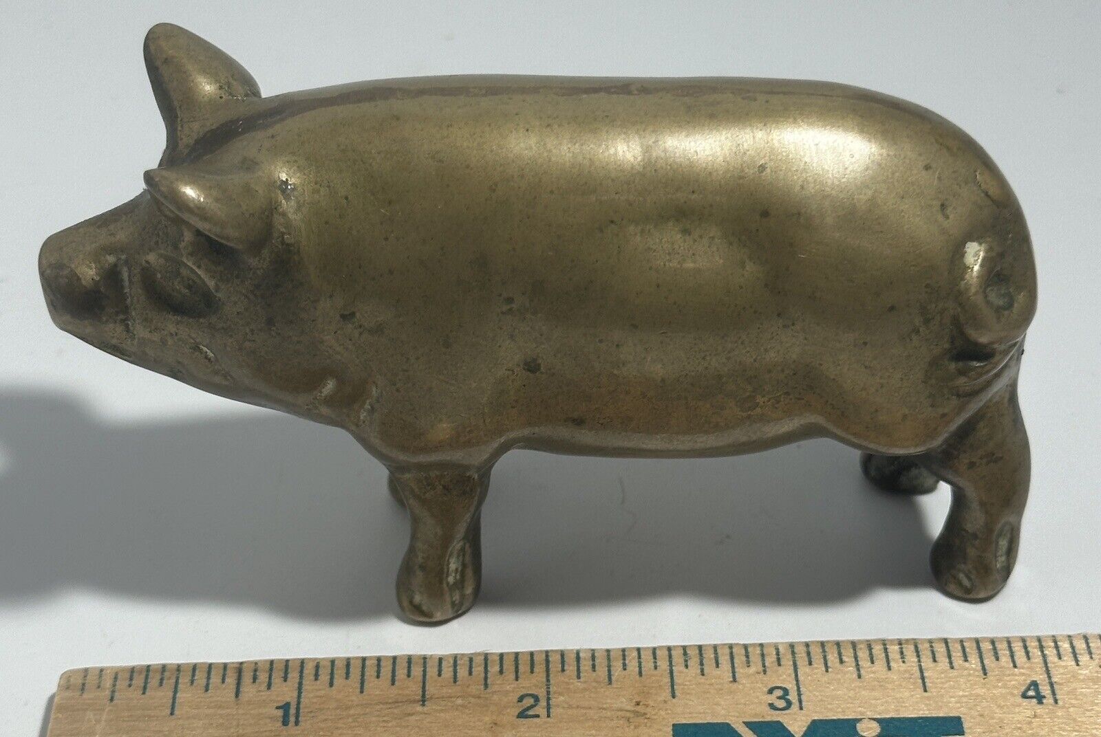 SOLID BRASS PIG HOG FIGURINE STANDING  4” vintage, Collectible.  2U