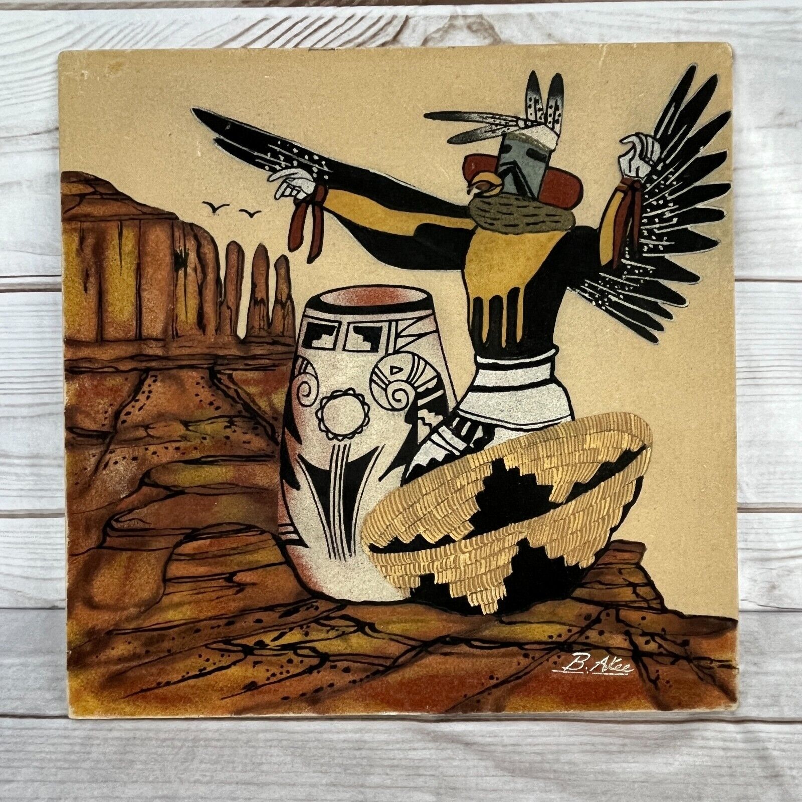 Vintage 1982 Bobby Akee Eagle Dancer Native American Sand Art Painting