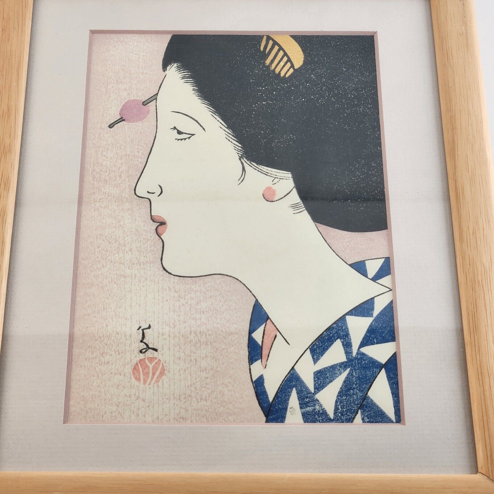 Japanese Art Geisha Wooden Frame Print Yukata Woman Culture Hand Painted Vintage