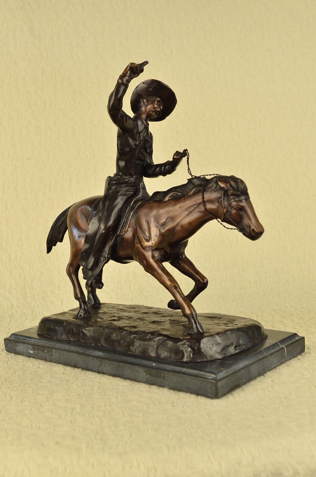 C.M. RUSSELL COWBOY RIDING HORSE Handcrafted Bronze Sculpture Statue Art Decor