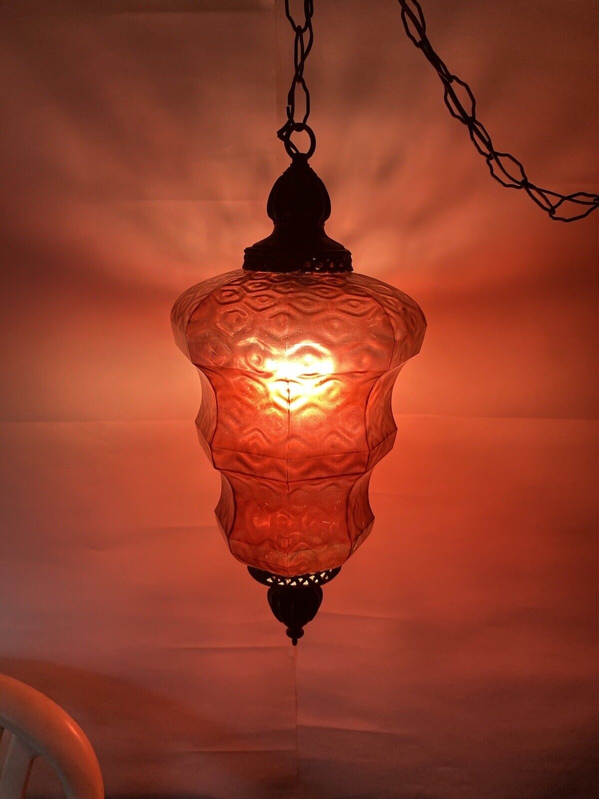 Vtg MCM RubyRed Optic Glass Hanging Light Swag Lamp Gothic 24”L/10”W 10’ chain