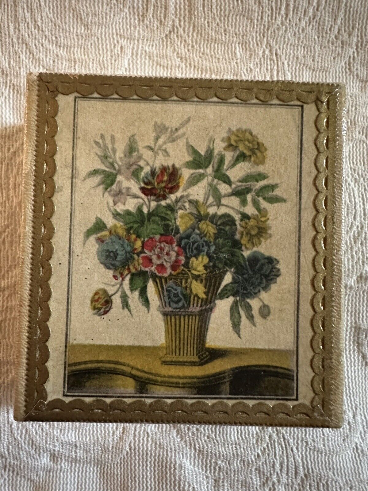 Antique Victorian Lithograph Flower Basket Gift Box Dresden Paper Trim