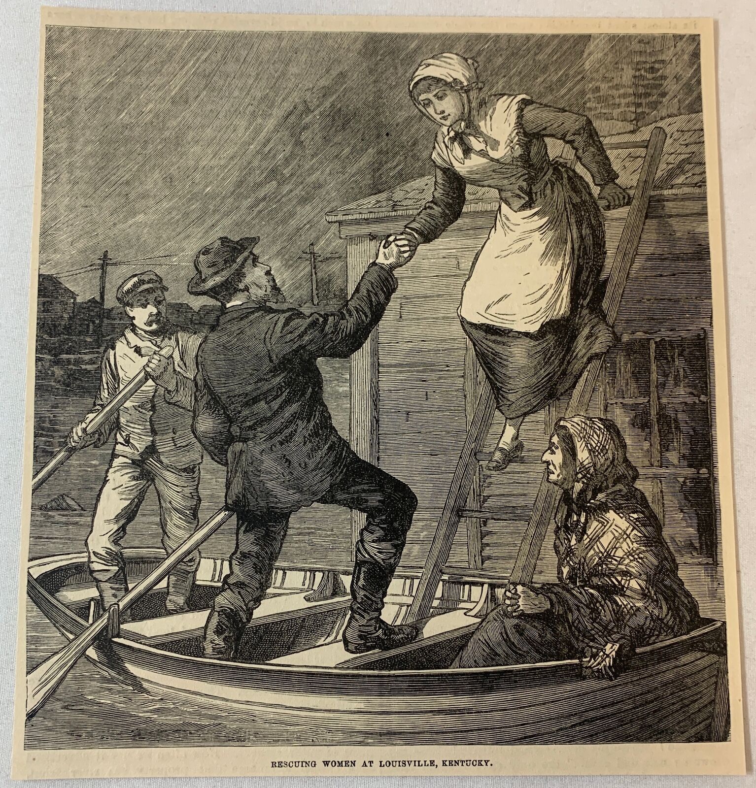 1884 magazine engraving ~ RESCUING WOMEN DURING THE FLOOD Louisville, KY