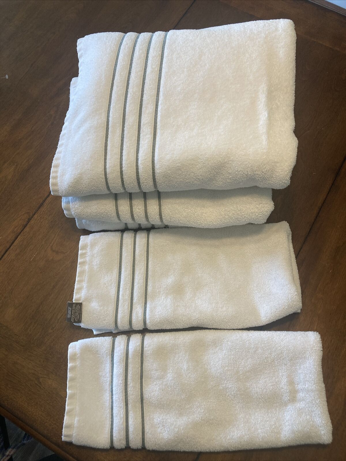 Vintage Fieldcrest Bath Towel Set White W/Stripe 3 Bath Towels 2 Hand Towels