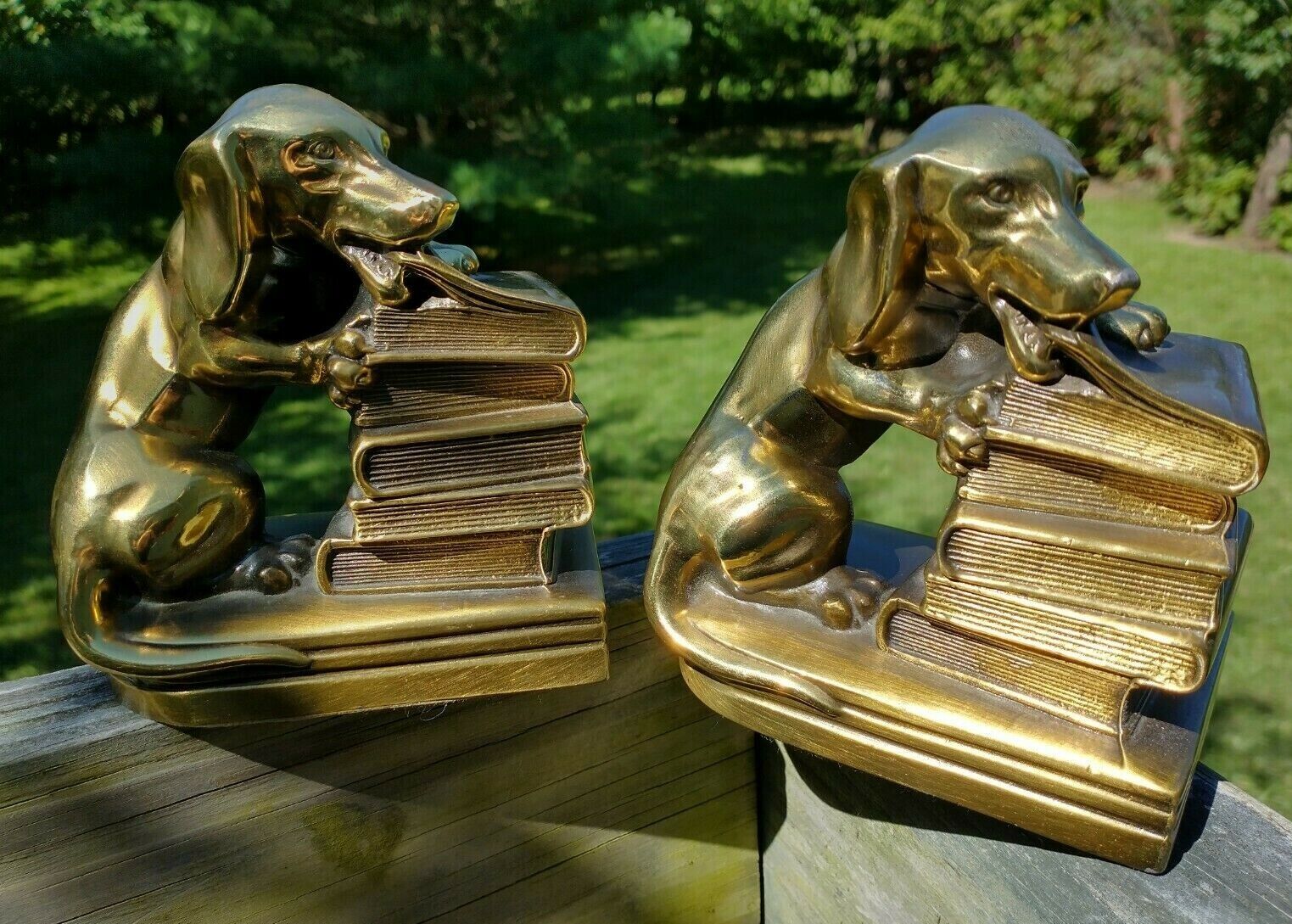 VTG JENNINGS BROTHERS Cast Bronze Naughty Dachshund Weiner Dog Book Ends Stop
