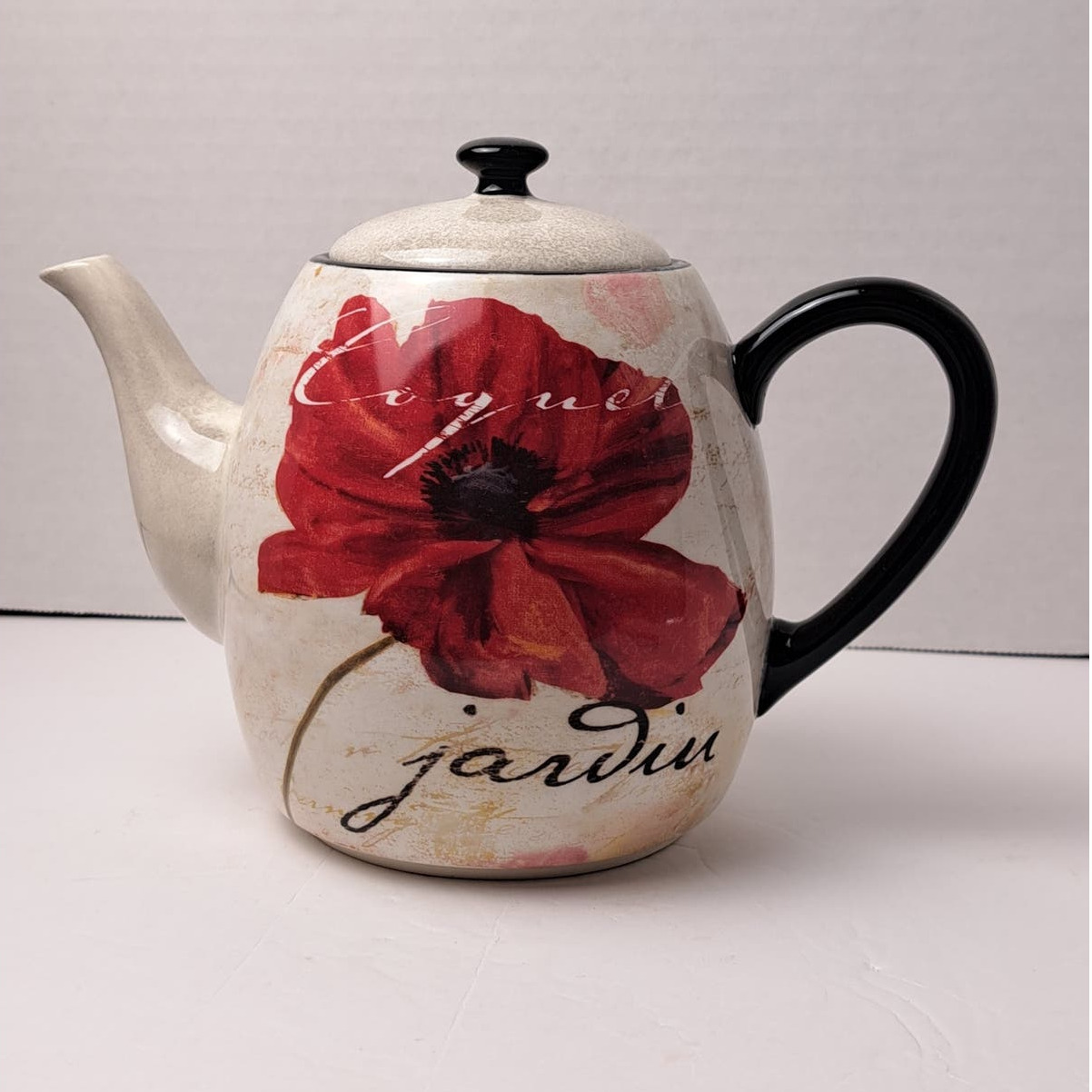 Discontinued Certified International Midnight Poppies Tea Pot 40 OZ Red & White