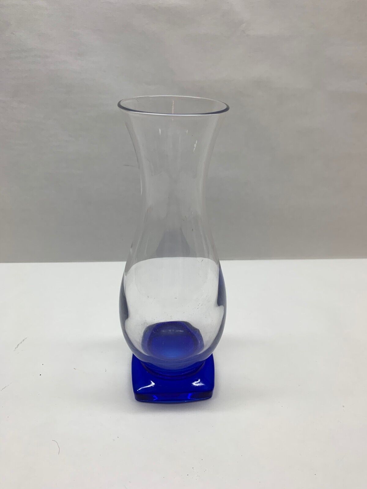 vintage glass pedestal bud vase clear and cobalt blue 7 inch tall