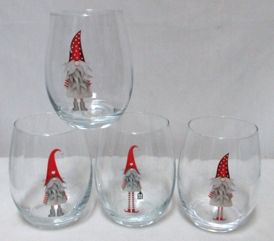 Christmas Gnomes Stemless 20 ounce Glass Set of 4 variety Holidays NEW