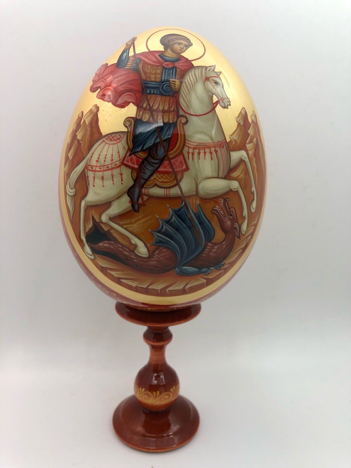 ST. GEORG RELIGIOS EGG ,UNIQUE, RUSSIAN WOODEN HAND MADE