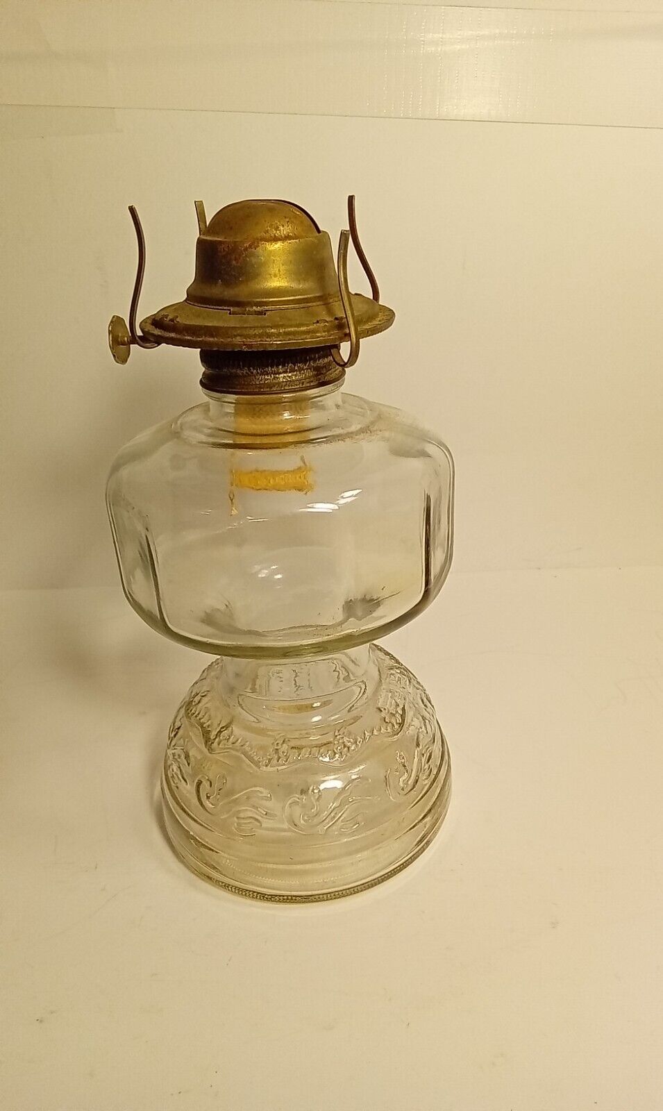 Vintage Hurricane Pedestal Oil Lam Clear Pressed Glass Vine Scroll 9\