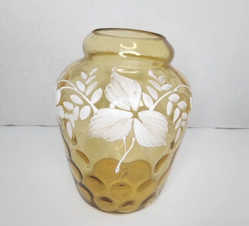 Antique Enameled Art Glass Jar Vase Optical Honeycomb Leaves Amber Yellow