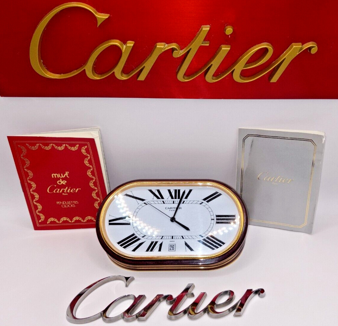 *** Cartier Accordion Oval Heavy Desk Clock with Date A+= Condition  ***