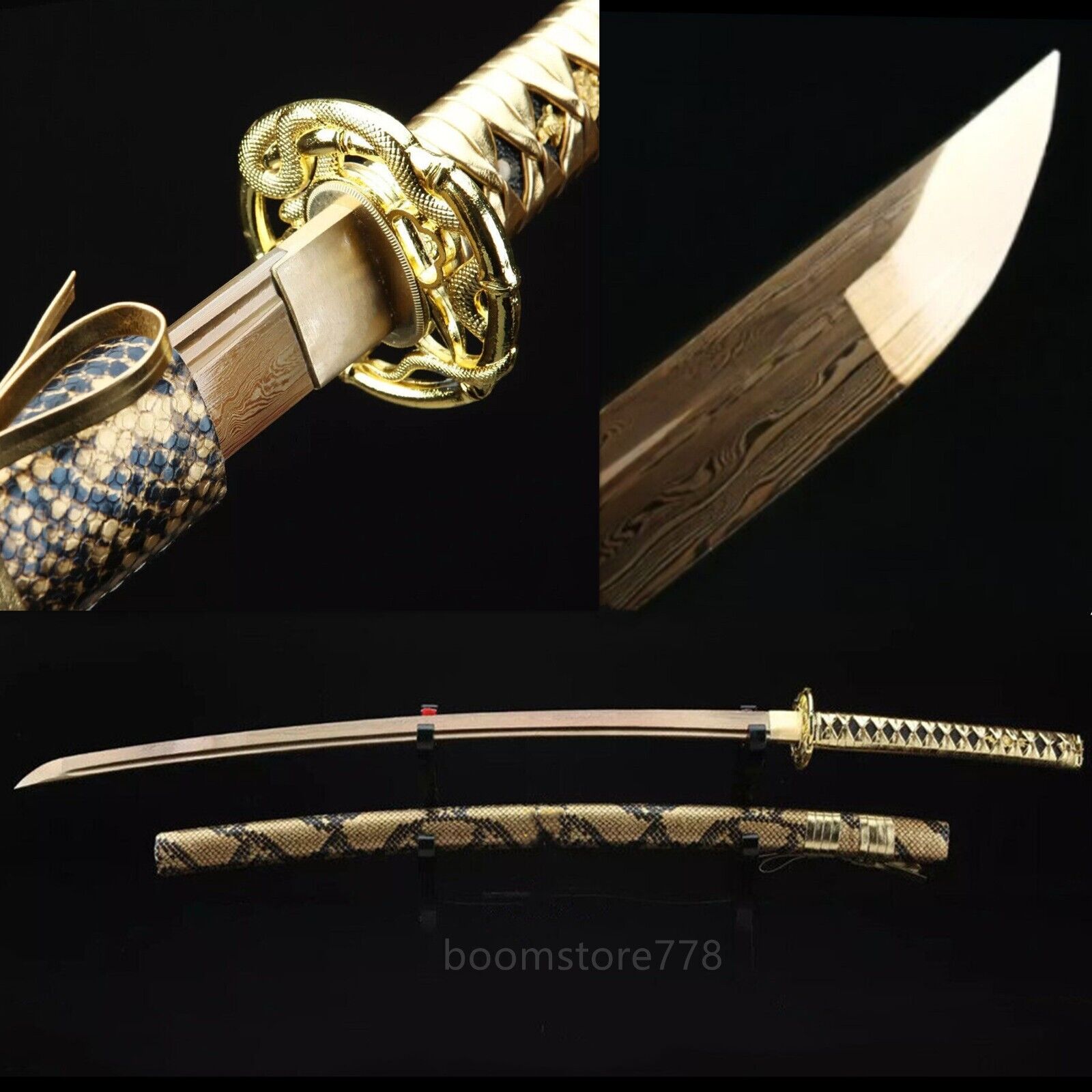 Gold Damascus Folded steel Japanese Samurai Katana Sword Full Tang Blade