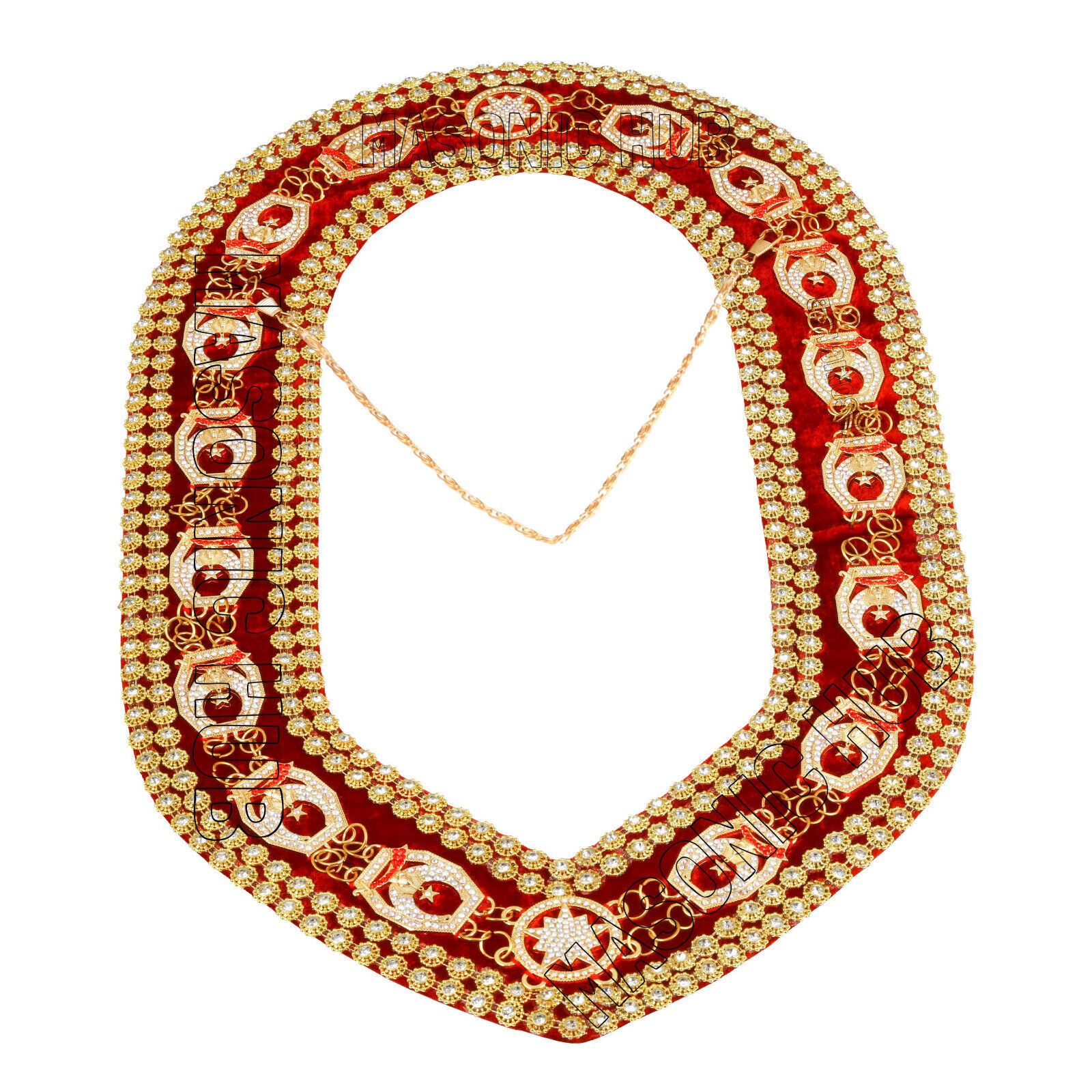 Masonic Regalia Shrine Golden Metal Rhinestones Jewels Chain Collar Red Backing