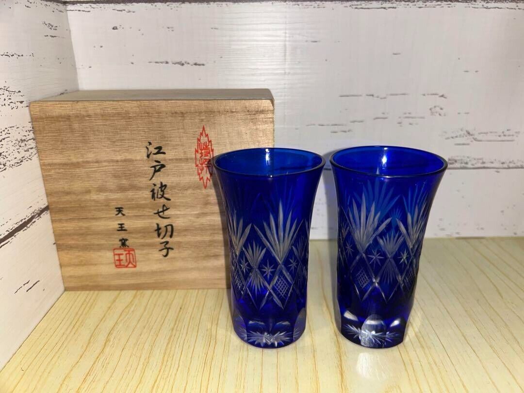 Pair of Edo Kiriko Cut Glasses Blue - Handmade Japanese Crystal