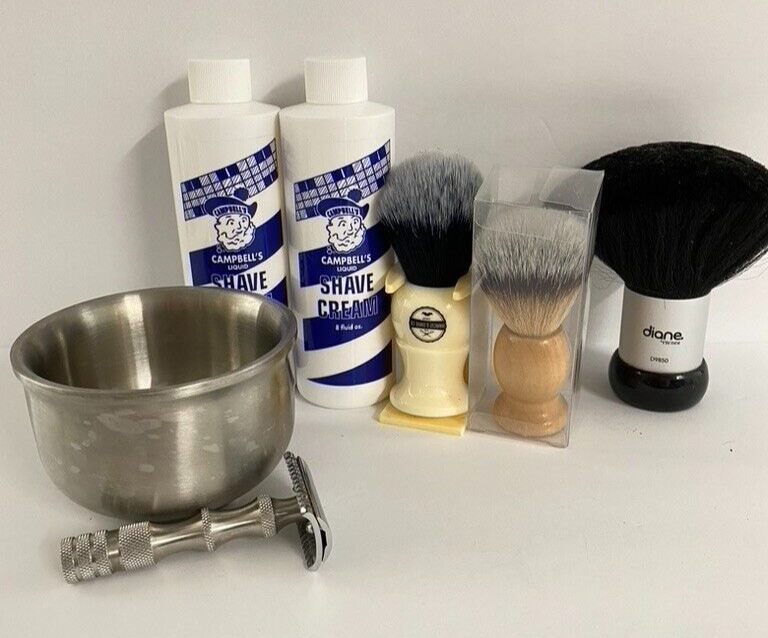 VINTAGE The Haircut & Shave Co Shop Razor Campbell's Shave Cream & Brushes Lot