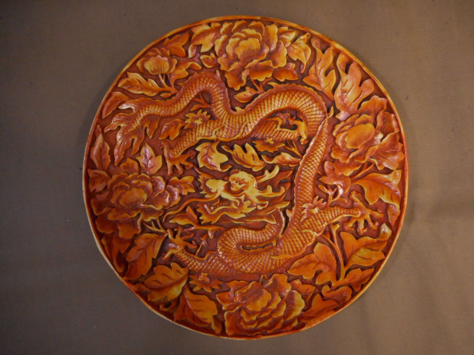 VINTAGE Plate DRAGON CHINESE Peony 5 Claw Orange Textured 7.5\