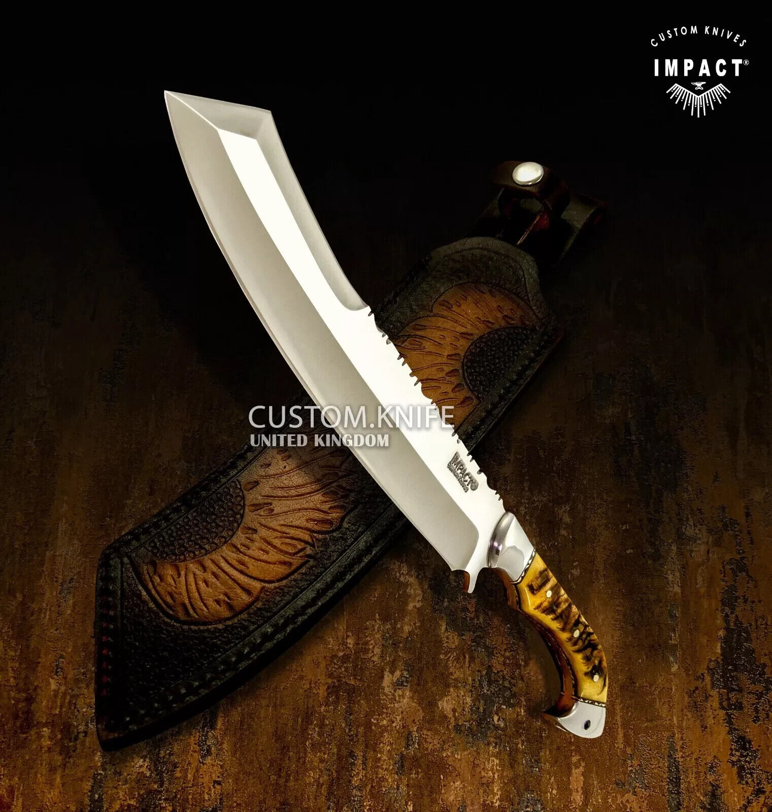 IMPACT CUTLERY D2 STEEL DOUBLE EDGED BOWIE KNIFE RAM HORN HANDLE- 1629