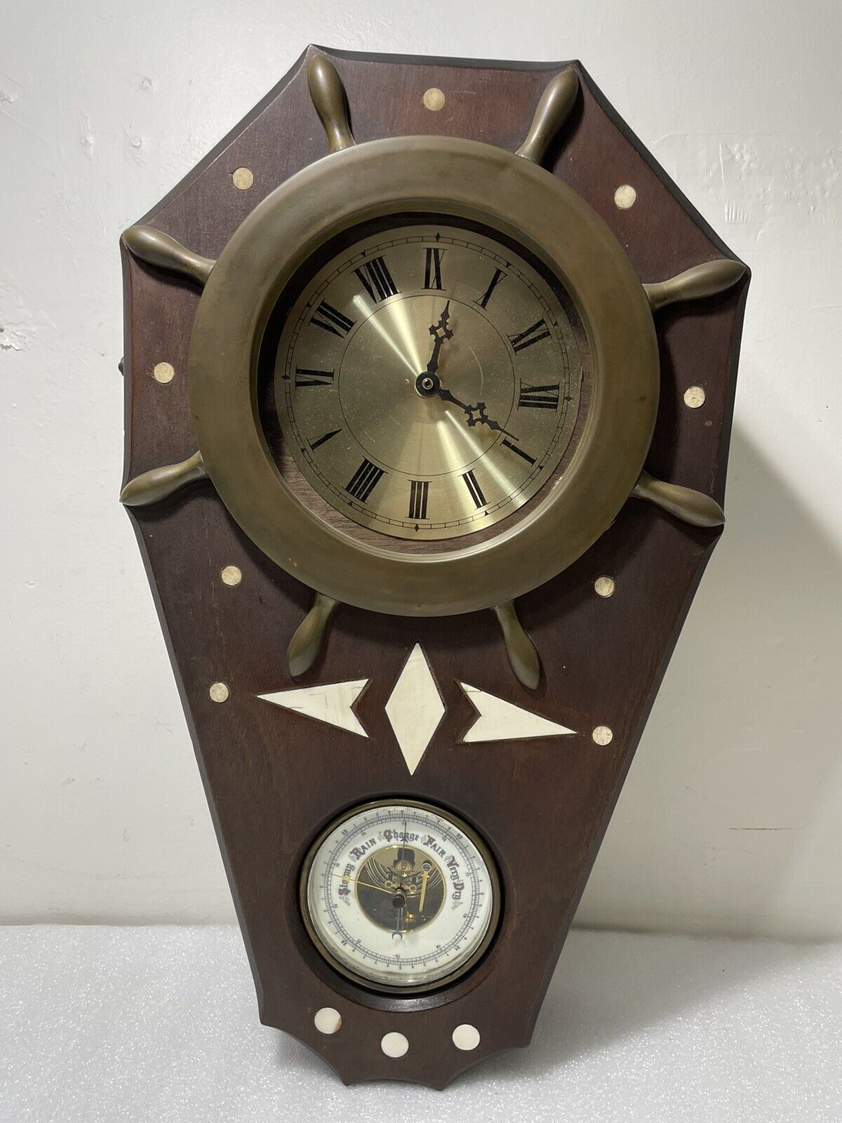 Black Walnut Wall Clock Weather Station Barometer with Brass Ship Wheel Trim