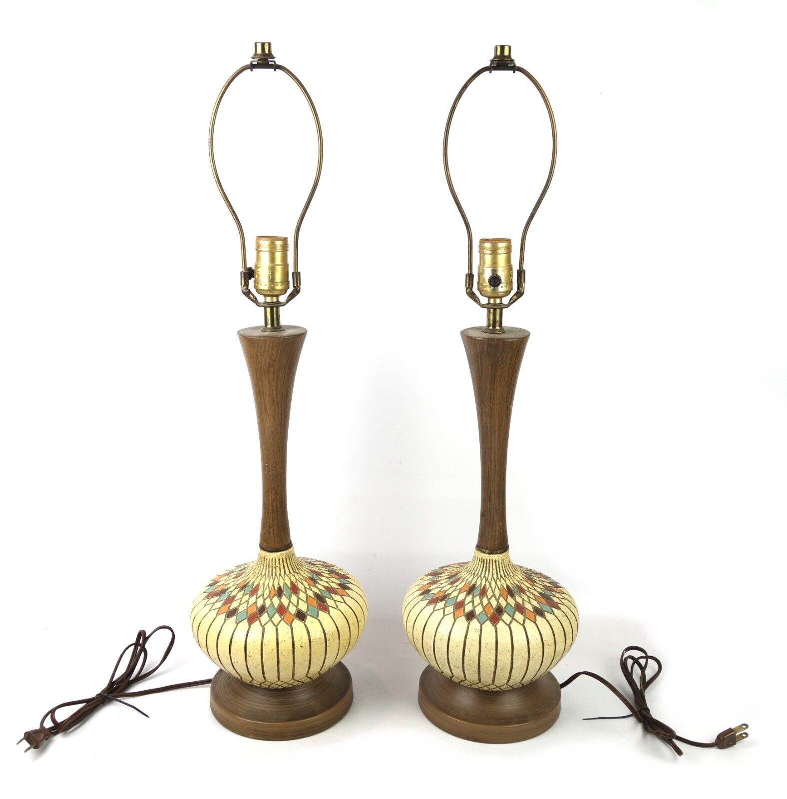 Pair Vintage Mid Century Modern 1950's Geometric Ceramic Genie Style Table Lamps