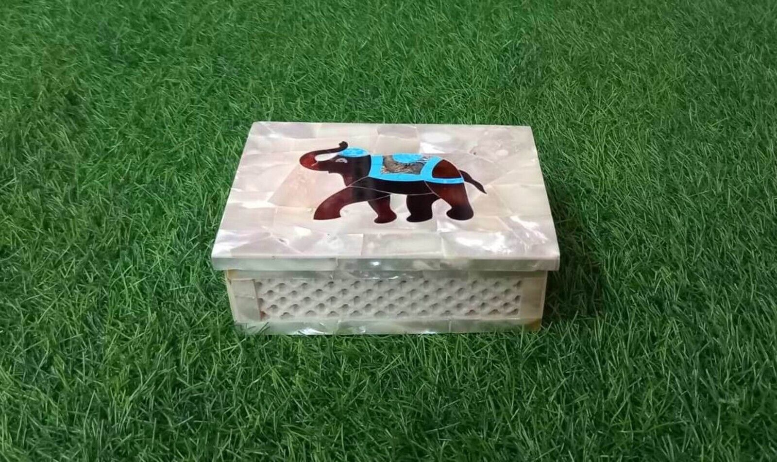 Elephant Pattern Overlay Work Jewelry Box Rectangle Marble Candy Box for Table