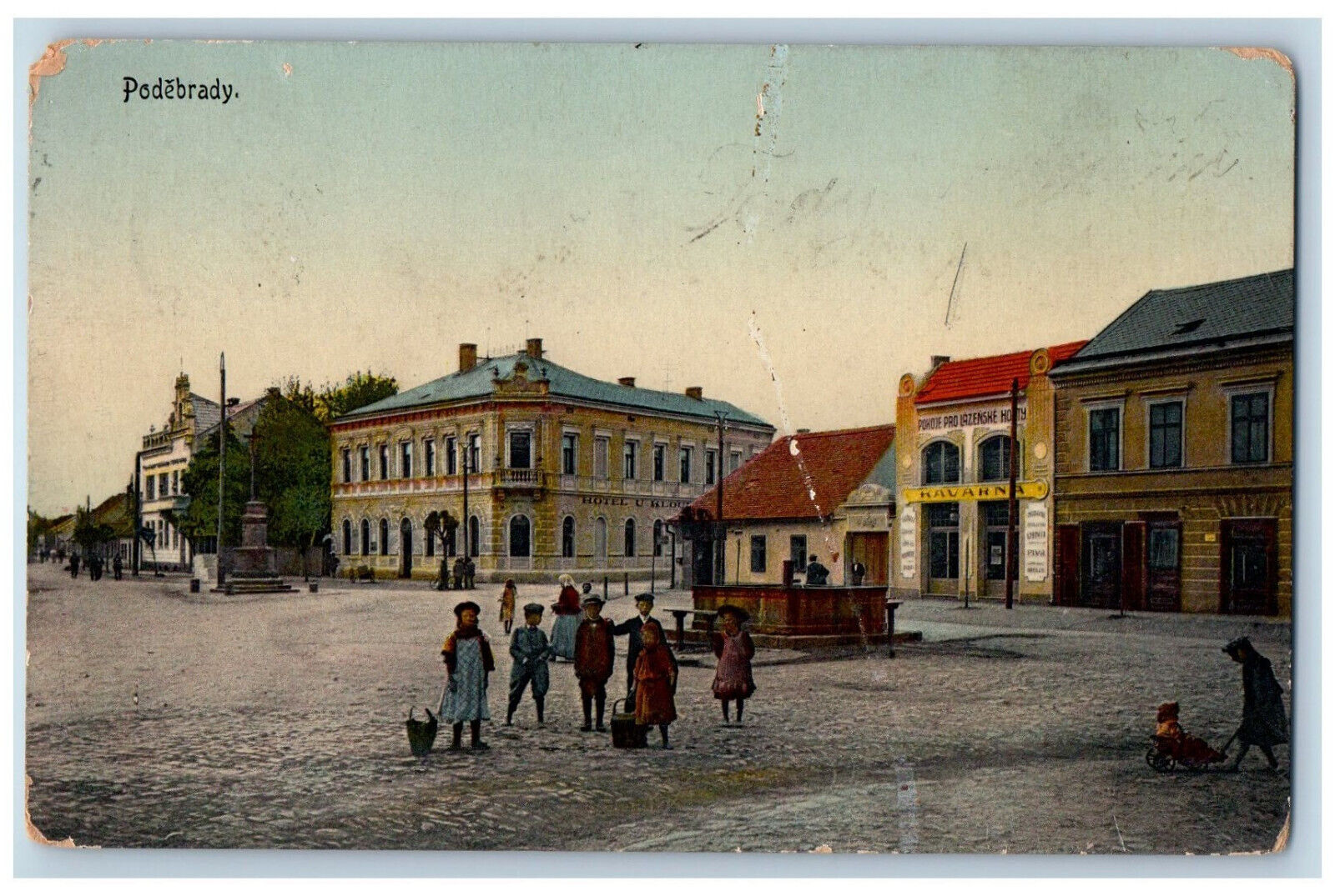 Bohemian Czech Republic Postcard Podebrady Plaza Buildings Scene c1910 Posted