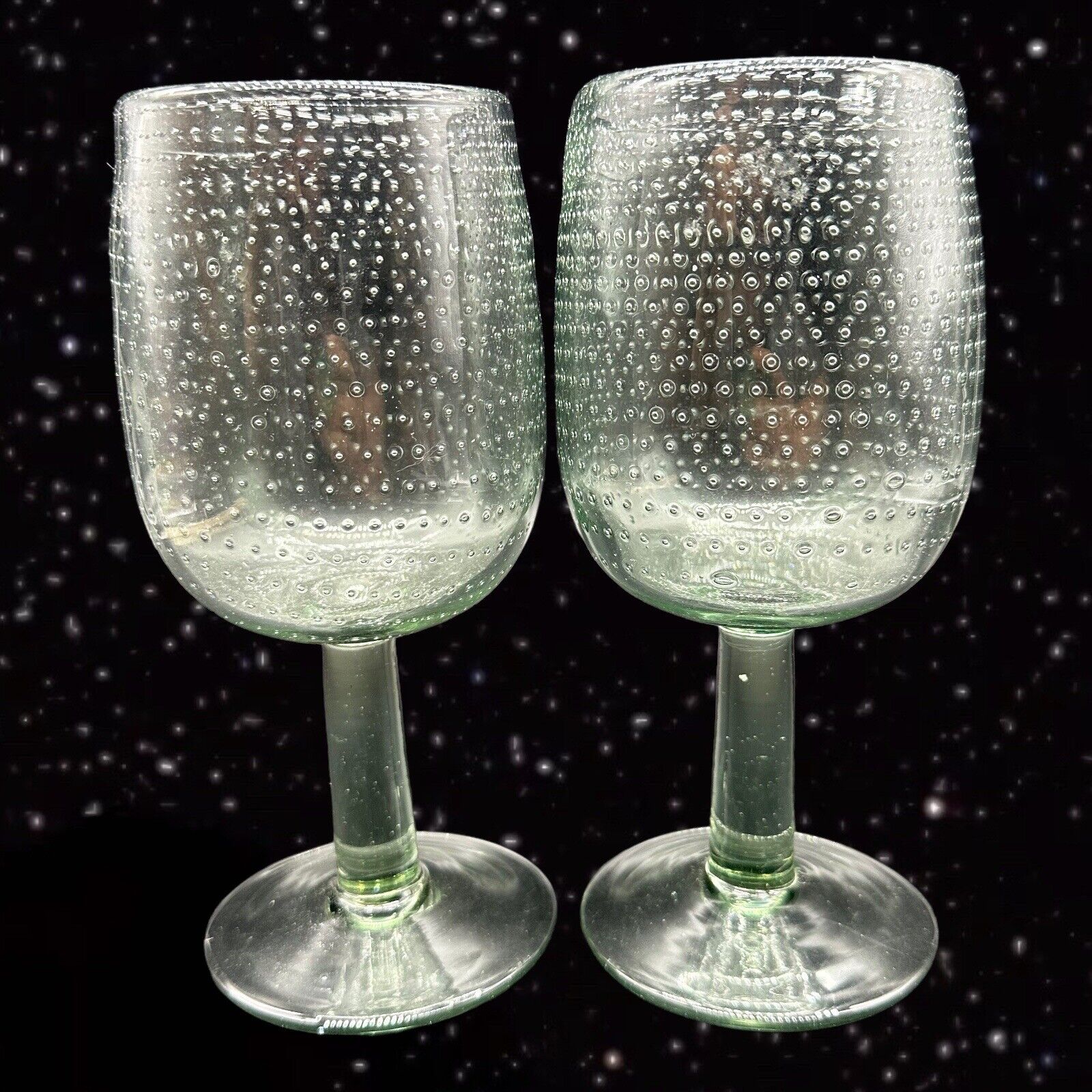 Art Glass Goblet Set Clear With Controlled Bubbles Bullicante Vintage 7”T 2.5”W