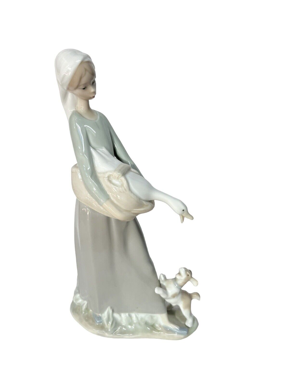 Nao By Lladro Woman Figurine, Woman With A Goose And Dog, Large