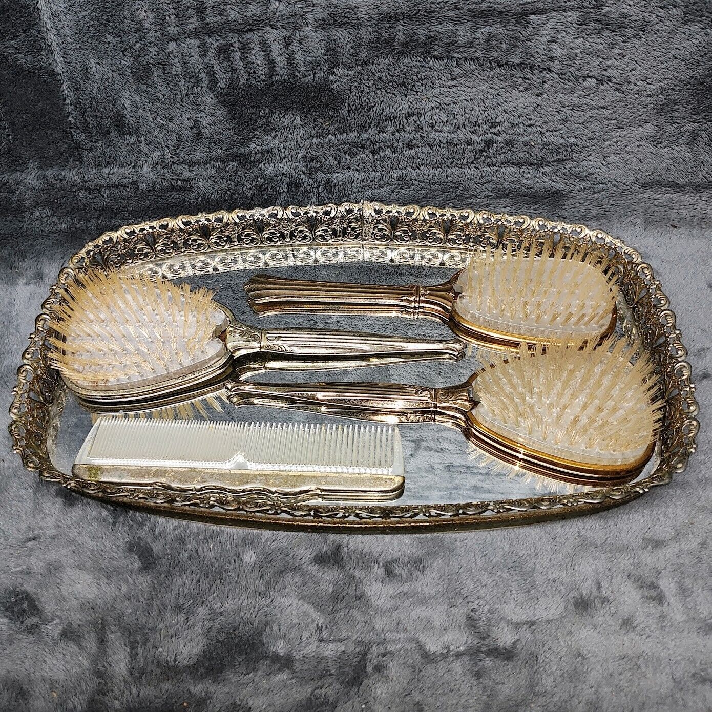 Antique Hair Brush/Comb Set With Matching Tray