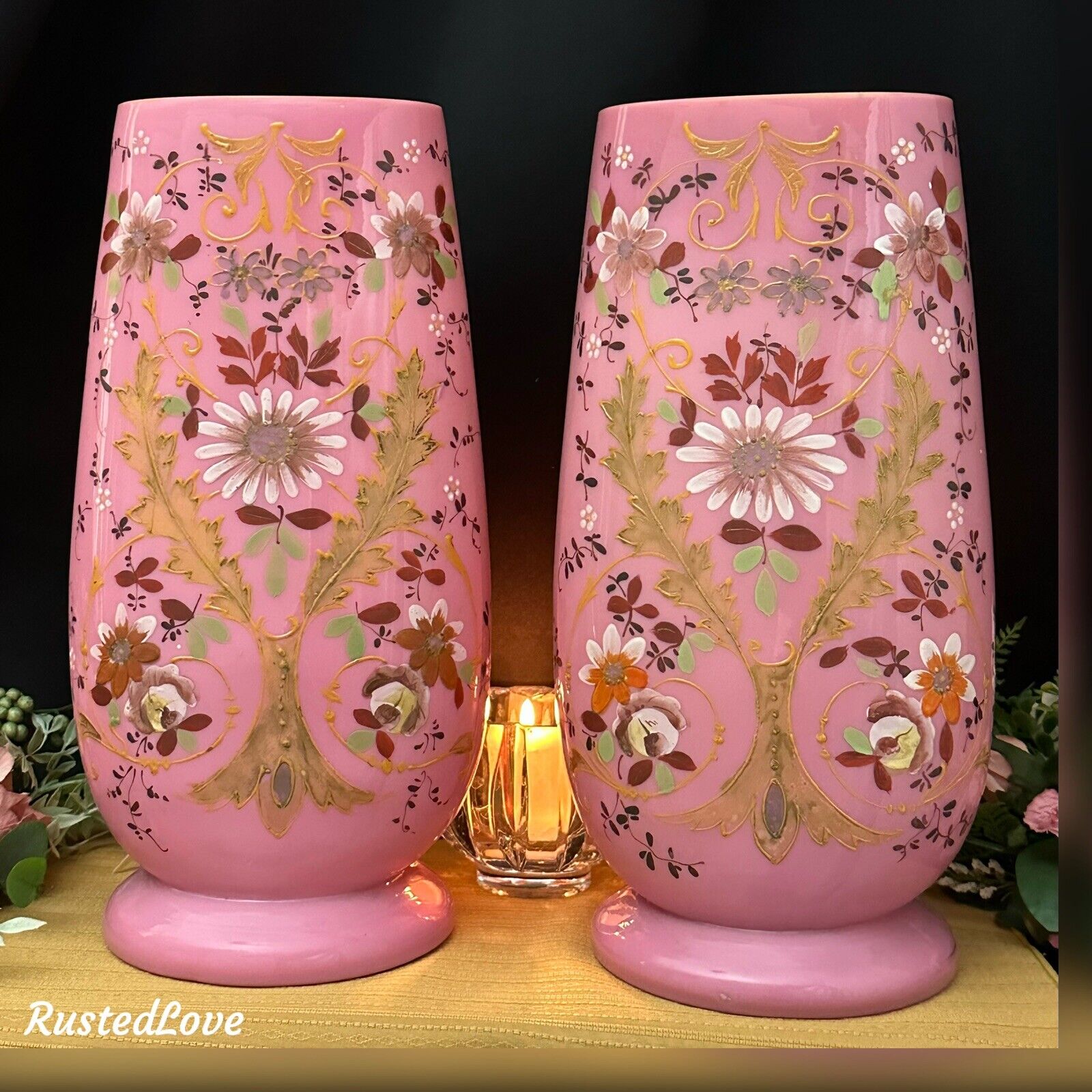 Continental Bristol Pink HAND PAINTED Large Vases Vintage c. 1900's