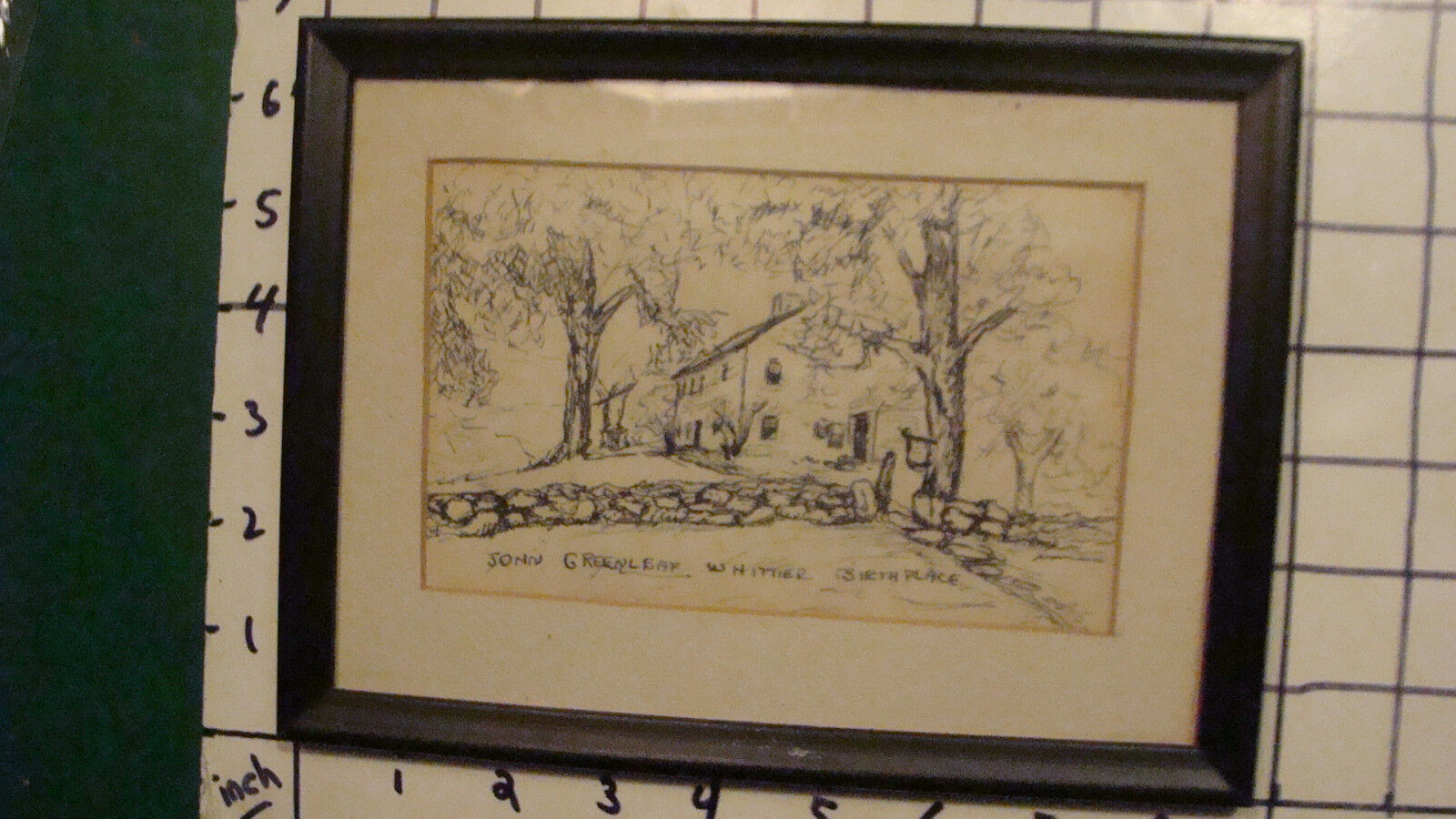 Vintage Original John Greenleaf WHITTIER sketch - BIRTHPLACE original art framed