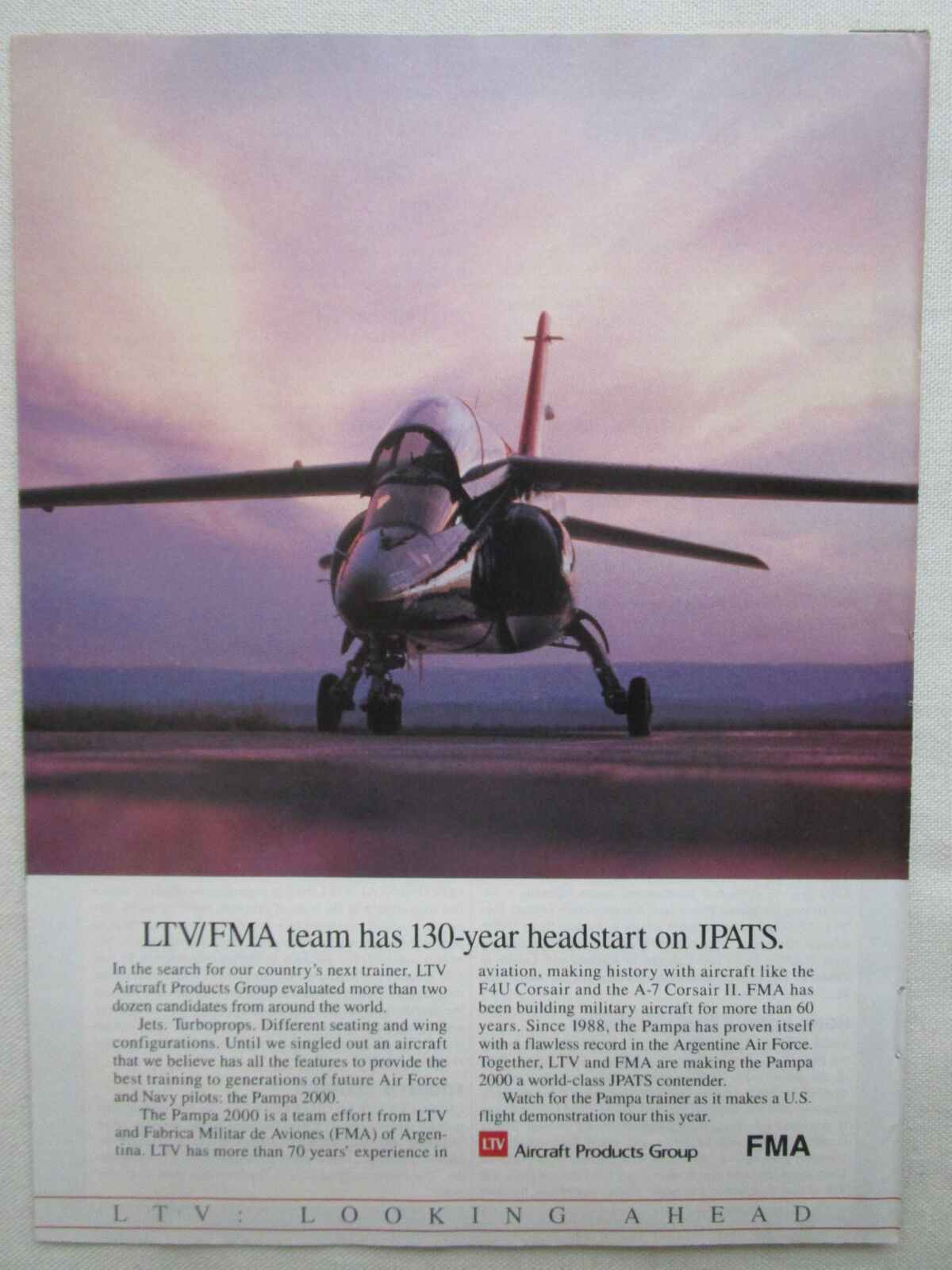 1990-91 PUB LTV AIRCRAFT PRODUCT JPATS FMA ARGENTINA PAMPA 2000 ORIGINAL AD