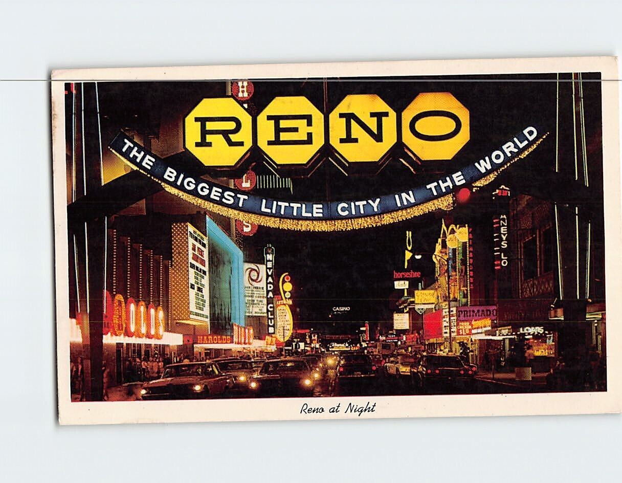 Postcard Night View Famous Arch Entrance Virginia Street Reno Nevada USA