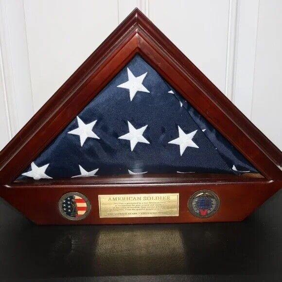 Army National Guard American Soldier Memorial Flag in Display Case with 2 coins